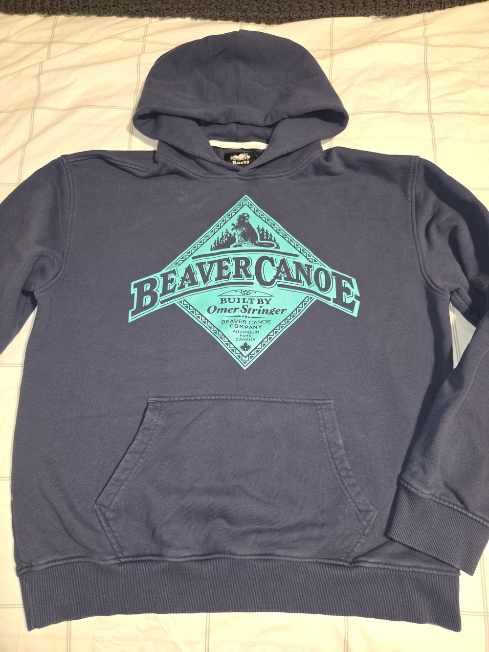 Roots Beaver Canoe Navy Hoodie with Teal Graphic Size Large